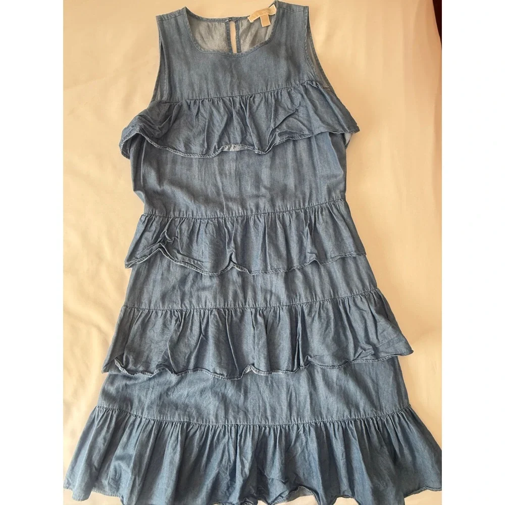 MICHAEL KORS Denim Chambray Ruffle Tiered‎ Dress Womens Size Medium